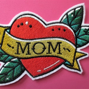 Large  Embroidered Applique Patch, Iron On  or Sew On, Mom, Mother&#39;s Day, Biker Patch, Tattoo Style Patch. Heart and Leaves, Red Heart