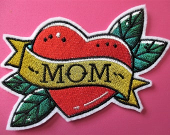 Large  Embroidered Applique Patch, Iron On  or Sew On, Mom, Mother's Day, Biker Patch, Tattoo Style Patch. Heart and Leaves, Red Heart