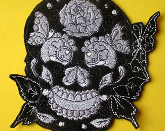 Large Embroidered Sugar Skull Applique Patch, Black and White, Day of the Dead, Dia de los Muertos, Motorcycle Patch, Biker Patch, Iron, Sew