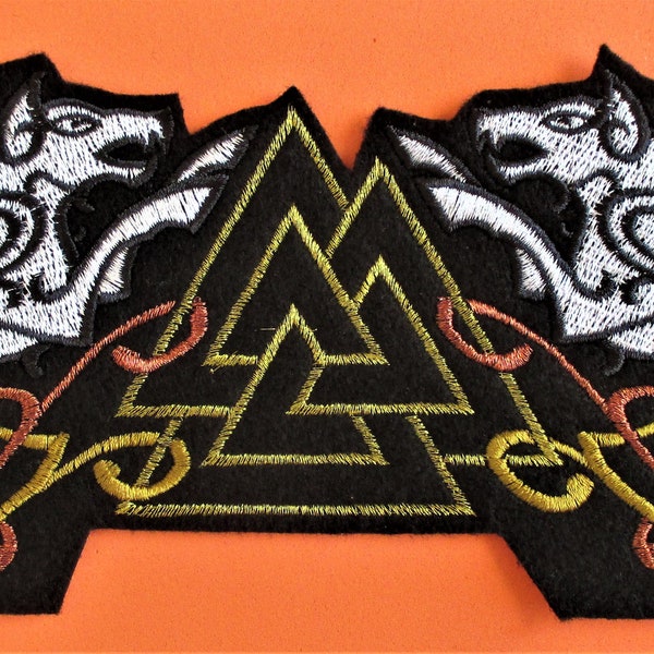 XL Embroidered Nordic Majestic Wolves Geri and Freki Mythology Applique Patch, Wolves, Iron On Patch, Metallic Thread, Jacket Patch, Nordic