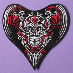 Large 5 by 5 Inch Embroidered Skull with Wings Applique Patch, Iron On or Sew on Patch , Skull, Skeleton, Wings, Gothic, Biker Patch