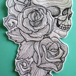Extra Large Embroidered Skull and roses Applique Patch, Sugar Skull, Day of the Dead, Dia de los Muertos, Biker Patch, Iron On or Sew On