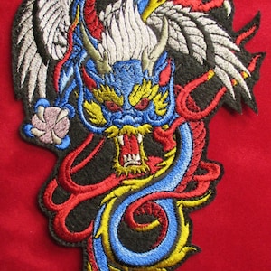 Extra Large Embroidered Chinese Dragon Applique Patch, Jacket Patch, Biker Patch, Iron On or Sew On Patch, Fiery Dragon, Tattoo Dragon