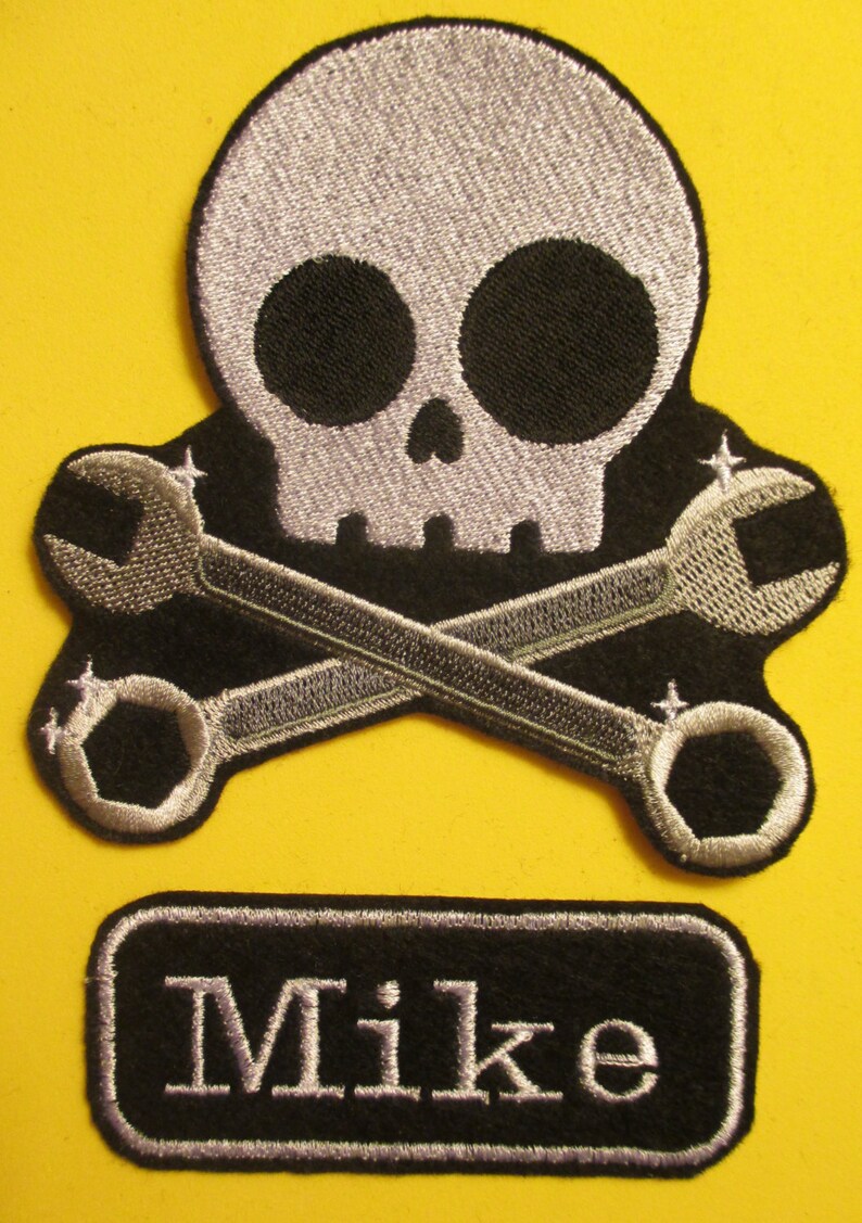 Embroidered Mechanic Skull and Wrench Cross Bones Applique Etsy