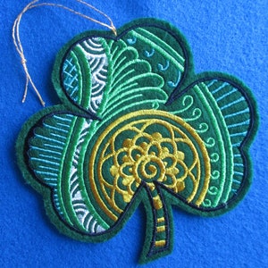 Embroidered Shamrock St Patrick's Day Hanging Ornament, Shades of Greens and Gold, Heirloom Quality, Irish Decor