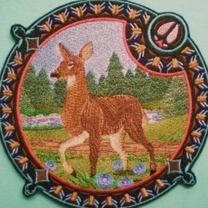 Extra Large Embroidered White-tailed Doe Shield, Outdoorsman, Nature, Hiker, Offered as Iron On Patch, Sew On Applique Patch image 4