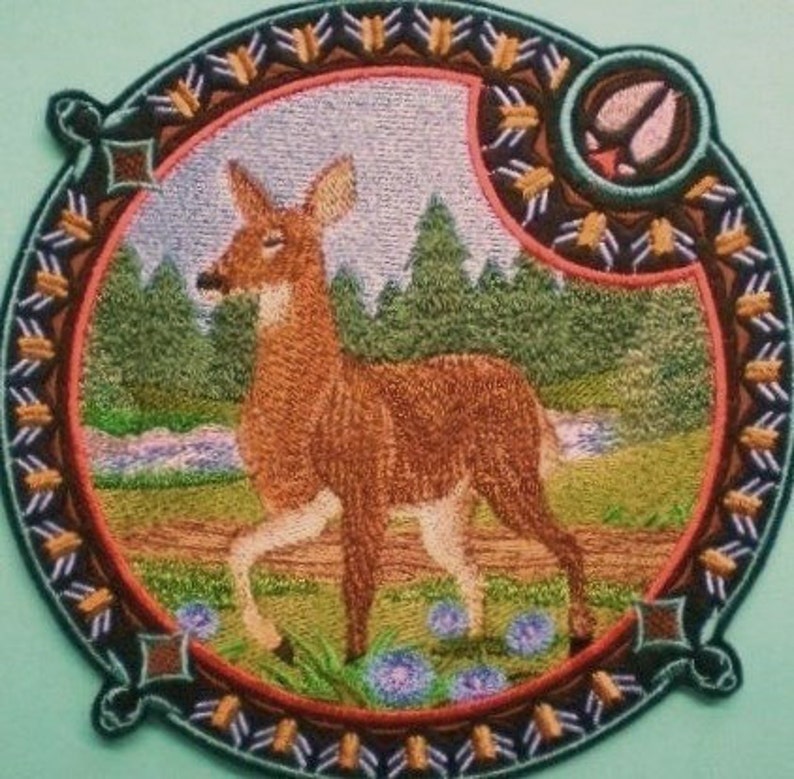 Extra Large Embroidered White-tailed Doe Shield, Outdoorsman, Nature, Hiker, Offered as Iron On Patch, Sew On Applique Patch image 4