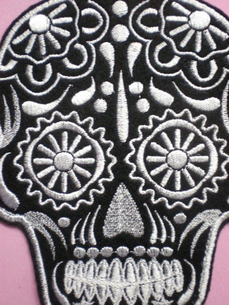 Medium 6 by 5 inch Embroidered Sugar Skull Applique Patch, Day of the Dead, Gothic, Halloween, Biker, Mexican, Mexico, Iron On or Sew On image 5