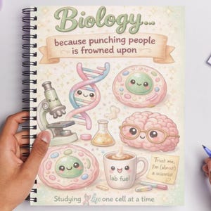 Może przedstawiać: Spiralny notatnik z okładką o tematyce biologicznej. Okładka zawiera ilustracje nici DNA, komórek, mózgu, mikroskopu i kubka do kawy z napisem "lab fuel". Tekst zawiera "Biology... because punching people is frowned upon" i "Studying life one cell at a time."