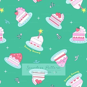 Puede incluir: Patrón sin costuras con rebanadas de pastel rosa, decoradas con fresas y cerezas, sobre platos azul claro, sobre un fondo turquesa. Incluye gorros de fiesta, confeti y el texto "Yummy Yummy".