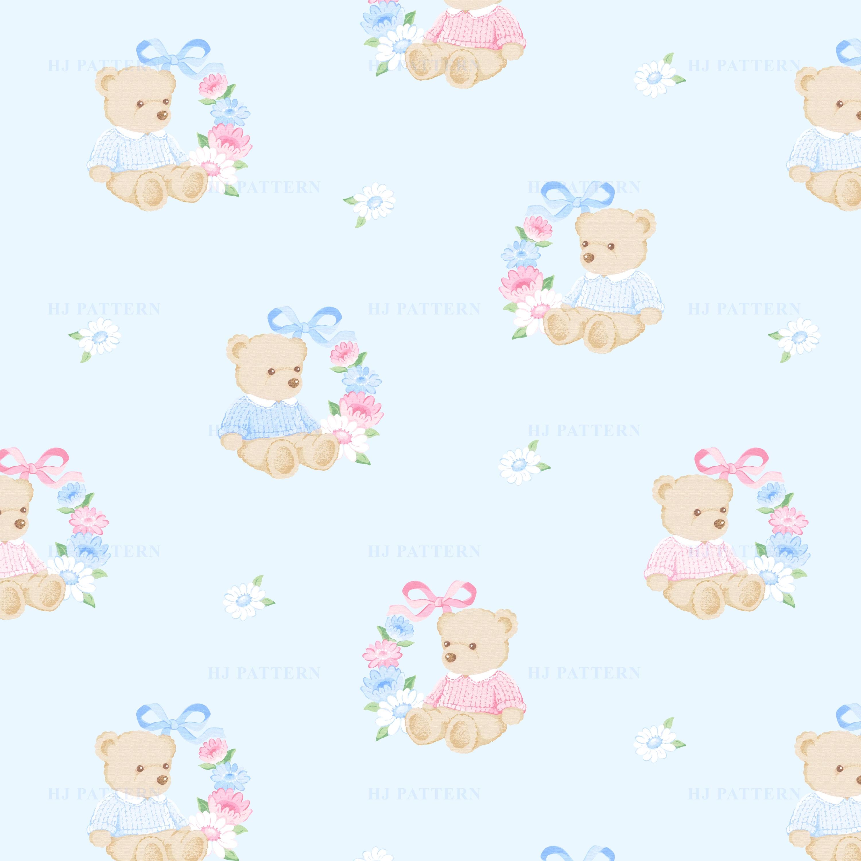 Teddy Bear Floral Wreath Seamless Pattern (digital Download) - Etsy