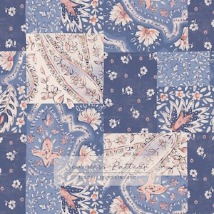 May include: A seamless pattern featuring a patchwork design of blue and cream floral and paisley motifs with soft peach accents. The image includes text that reads Seamless Pattern 300 DPI 12 x 10.5 IN JPG, displayed in a central overlay.