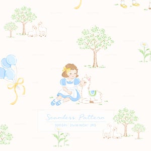以下が含まれることがあります： 青いドレスと黄色のリボンを着た少女と白いラマが描かれたシームレスパターン。木、デイジー、風船、三日月がパステルカラーでデザインされています。「Seamless Pattern」の文字が含まれています。