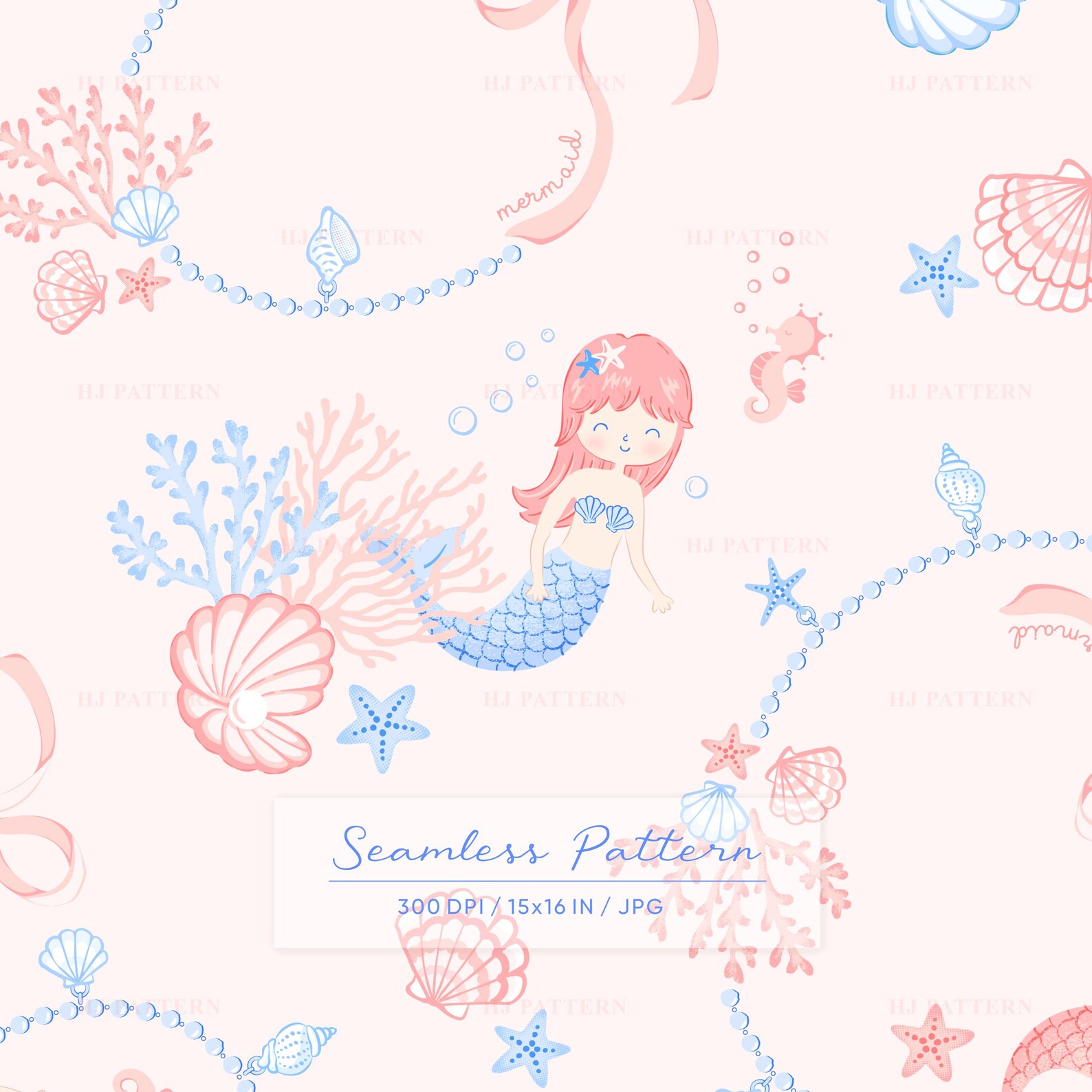 Little Mermaid Seamless Pattern, Marine Ocean Illustration (digital ...