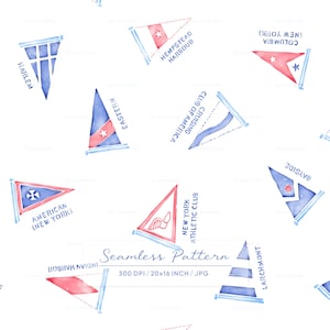 Può includere: Motivo senza cuciture ad acquerello con bandiere nautiche rosse e blu. Le bandiere mostrano nomi di club come "Harlem", "Columbia (New York)" e "New York Athletic Club". Il testo "Seamless Pattern" è visibile.