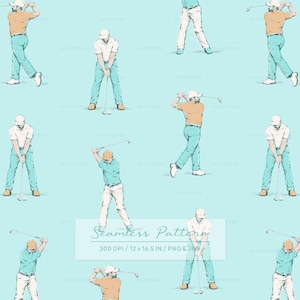 Vintage Golf Pattern, Warm Blue Golfer Motions, Classic Sport Illustration (Digital Download)