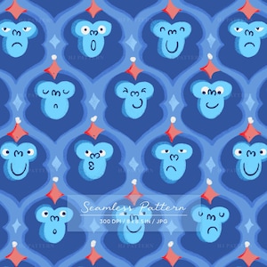 May include: A seamless pattern featuring light blue monkey faces with various expressions arranged in a repeating ogee grid. Each monkey is topped with a small red diamond shape. The text reads Seamless Pattern 300 DPI / 8 x 8.5 IN / JPG.