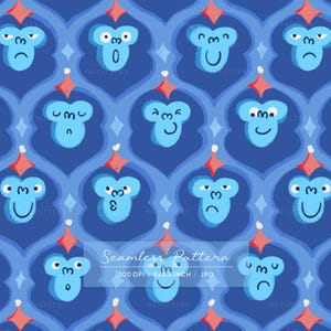Geometric Monkey Face Seamless Pattern, Retro Blue Animal Tile Design (Digital Download)