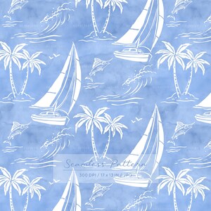 May include: A seamless pattern featuring white line art illustrations of sailboats, palm trees, jumping fish, and ocean waves set against a light blue watercolor background. The text Seamless Pattern 300 DPI / 17 x 13 IN / JPG is visible.