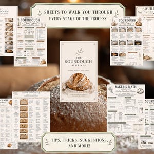 Könnte beinhalten: Eine Sammlung von Sauerteig-Backanleitungen und ein Journal. Die Anleitungen umfassen ein Cheat Sheet, eine Fehleranleitung, eine Temperatur- und Aufgeh-Tabelle und eine Bäcker-Mathematik-Anleitung. Das Journal zeigt ein Brotlaib auf dem Cover. Der Text enthält "Sheets to walk you through every stage of the process!"