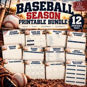 Op de afbeelding: Een digitale printbare bundel getiteld Baseball Season met 12 pagina's voor het bijhouden, plannen en vieren. De pagina's bevatten een seizoenskalender, wedstrijddag-tracker, trainingslogboek, toernooiplanner, seizoensdoelen en checklists.