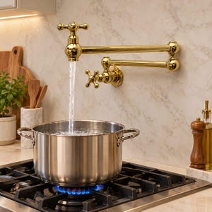 May include: A polished gold wall-mounted pot filler tap with a double-jointed swing arm and a cross-handle design, dispensing a steady stream of water into a large stainless steel cooking pot resting on a gas hob burner with a blue flame.