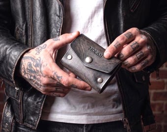 Tarjetero minimalista de piel - Cartera personalizada hecha a mano - Piel auténtica Crazy Horse - Opción de cadena