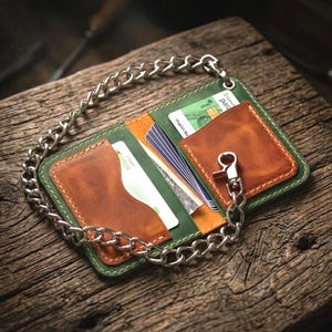 Conjunto de carteira de corrente em couro feita à mão – Carteira minimalista para motociclistas.