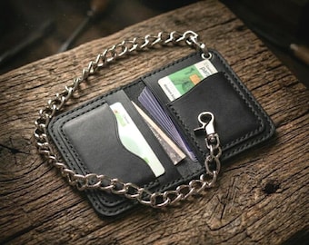 Minimalist Biker wallet for riders - Handmade Leather Chain Wallet Set