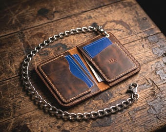 Conjunto de cartera de cuero hecha a mano con cadena – Cartera minimalista para motociclistas -