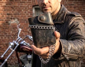Men's Biker Wallet with Chain – Handmade – Crazy Horse Leather - Motorcycle Gift for Him