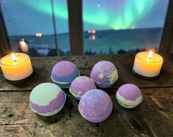Handmade Nordic Nights Bath Bomb: Teal, Navy, Lavender Swirls, Woodland Scent