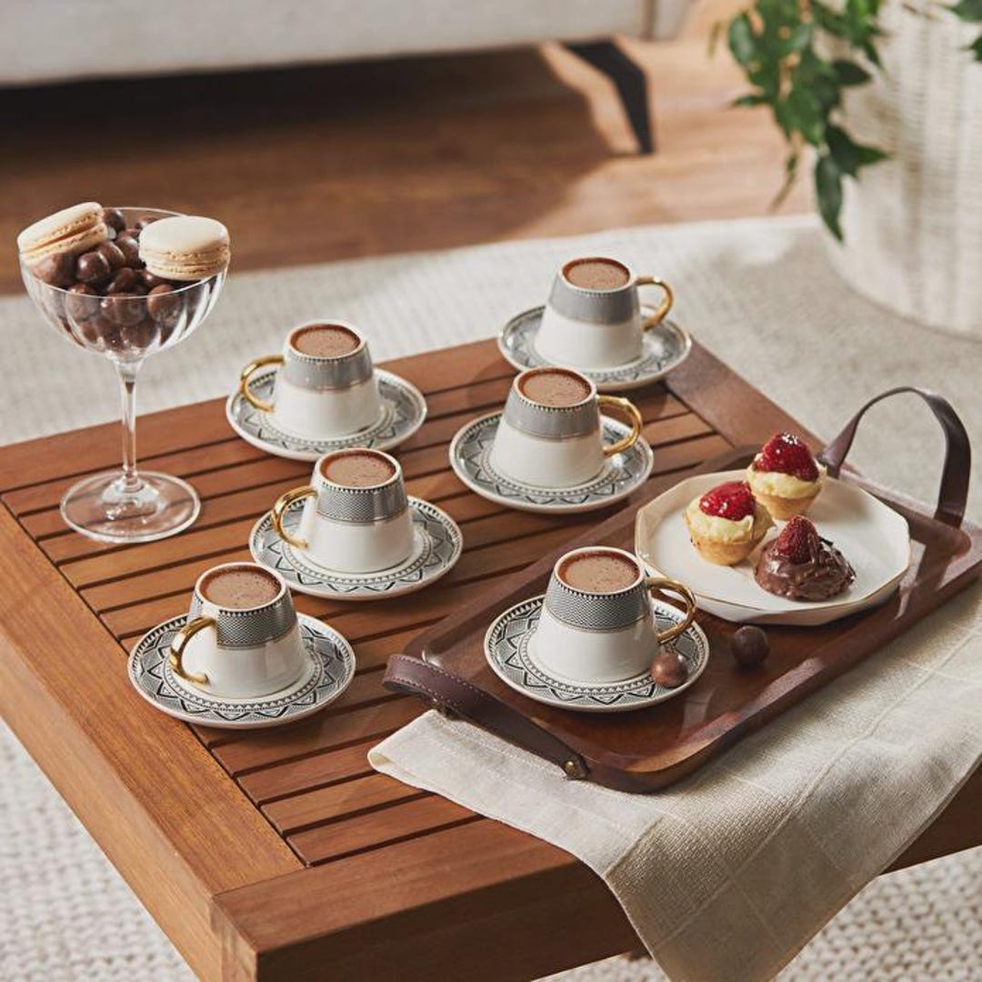 Turkish Coffee Cup Set for 6, Modern 8 Karat Gold Handle Coffee Cups ...