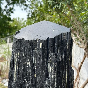 Puede incluir: Un esp&eacute;cimen de cristal de turmalina negra de gran altura con una superficie superior hexagonal plana y lados verticales profundamente estriados con una apariencia rugosa y texturizada. El mineral muestra un color oscuro y opaco con inclusiones.