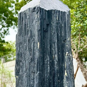 Puede incluir: Una punta de cristal de turmalina negra alta con una textura rugosa de estr&iacute;as verticales y una parte superior naturalmente facetada. La piedra presenta una coloraci&oacute;n negro carb&oacute;n con sutiles inclusiones minerales claras.