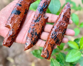3pcs Handmade Mahogany Obsidian Knife | 6 Inch Flint Stone Blade, Rustic Decor