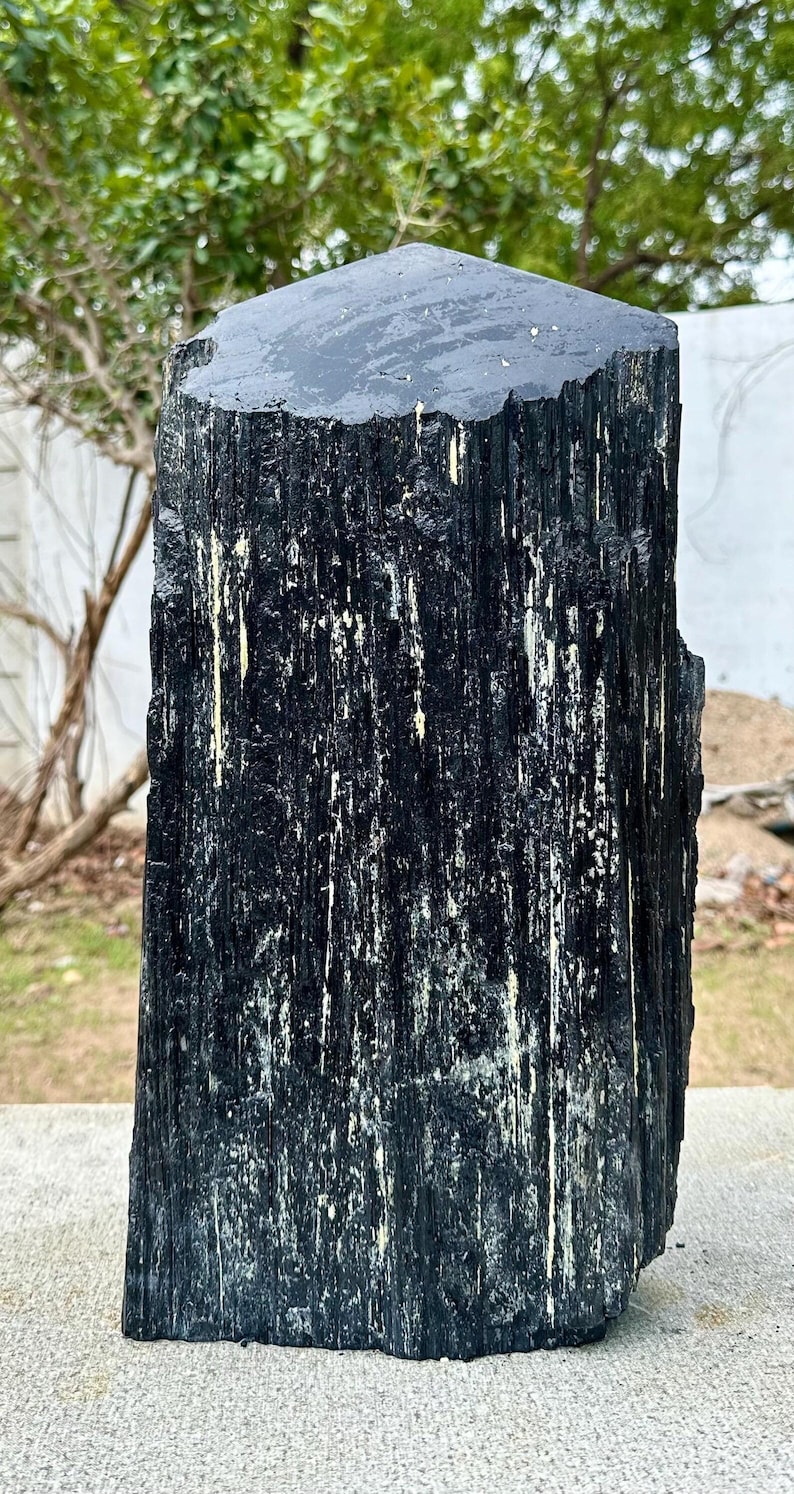 Puede incluir: Un esp&eacute;cimen alto de cristal de turmalina negra en bruto con una estructura columnar estriada verticalmente y una superficie superior plana y pulida. El mineral oscuro y opaco presenta un color negro profundo con sutiles inclusiones.