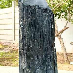 Puede incluir: Un esp&eacute;cimen de cristal de turmalina negra en bruto, alto, con una estructura columnar profundamente estriada y una superficie superior lisa e inclinada. El mineral presenta un aspecto oscuro y opaco con surcos verticales.