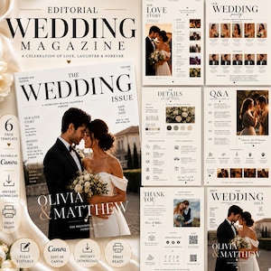 May include: A wedding magazine layout with the title "WEDDING MAGAZINE" and the text "A CELEBRATION OF LOVE, LAUGHTER & FOREVER." The cover features a couple, with additional pages showcasing wedding details and Q&A sections. The magazine is fully editable in Canva.