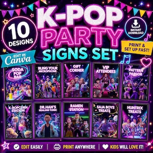 May include: A K-Pop party signs set with 10 designs, including "Soda Pop Bar" and "Gift Corner." The signs are in a vibrant purple and pink color scheme, with the text "K-Pop Party Signs Set" prominently displayed. The set is editable in Canva.