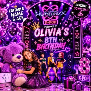 Puede incluir: Una escena de fiesta de cumpleaños con temática K-Pop con una niña, un gran oso de peluche morado y un telón de fondo que dice "8º Cumpleaños de Olivia". La imagen presenta luces de neón, globos y un grupo de bailarines de K-Pop. Las palabras "Descarga instantánea" son visibles.