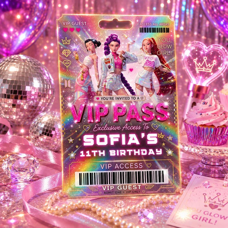Editable K-pop VIP Pass Birthday Ticket, Holographic Neon Party ...
