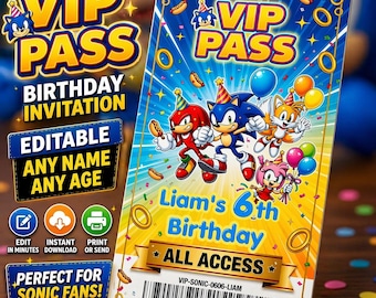Sonic Geburtstags-VIP-Pass | Bearbeitbare Canva Vorlage | Sonic the Hedgehog Party-Karte