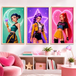 May include: Three framed digital art prints featuring stylised characters. The left shows a character with blue hair and a crescent moon. The centre shows a character with purple hair and a star. The right shows a character with red hair and a heart.
