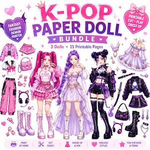 May include: A K-Pop paper doll bundle featuring three illustrated dolls and eleven printable pages of outfits and accessories. The set includes pink and purple themed clothing, handbags, boots, headphones, and jewelry, with text reading K-POP PAPER DOLL BUNDLE.