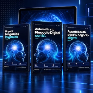Op de afbeelding: Drie digitale boeken met donkere covers met een gloeiend blauw silhouet van een menselijk hoofd en een neuraal netwerk grafiek. De titels zijn IA para Negocios Digitales, Automatiza tu Negocio Digital con IA en Agentes de IA para tu negocio digital.