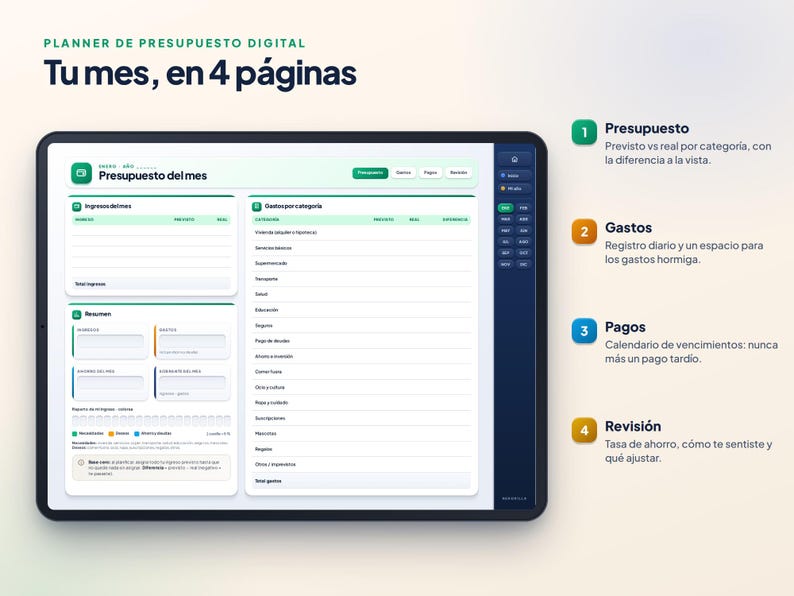 Maandelijkse budgetplanner in het Spaans | Overzicht van uitgaven en betalingen | Digitale GoodNotes zonder datum afbeelding 3