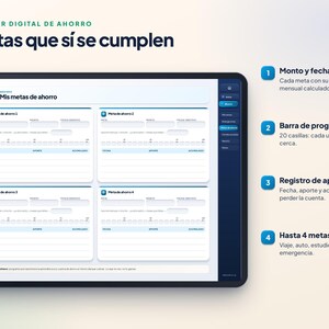 Planificateur d'épargne numérique en espagnol | Fonds d'urgence, objectifs et défi de 52 semaines | GoodNotes image 3