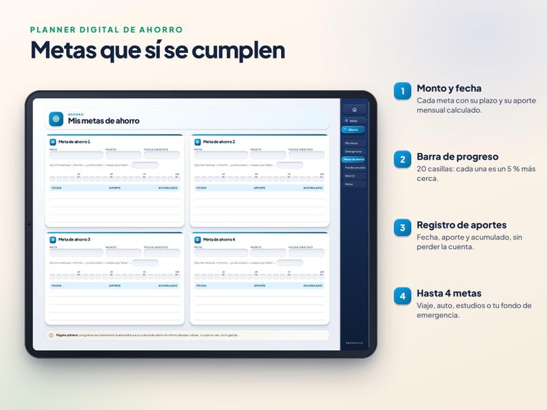 Planificateur d'épargne numérique en espagnol | Fonds d'urgence, objectifs et défi de 52 semaines | GoodNotes image 3