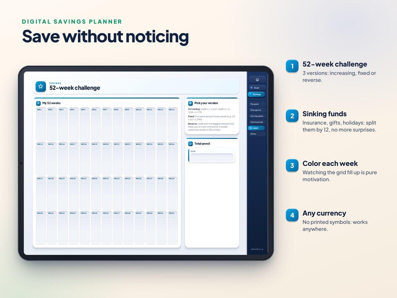 Digital Savings Planner for GoodNotes | Emergency Fund, Savings Goals and 52 Week Challenge image 4